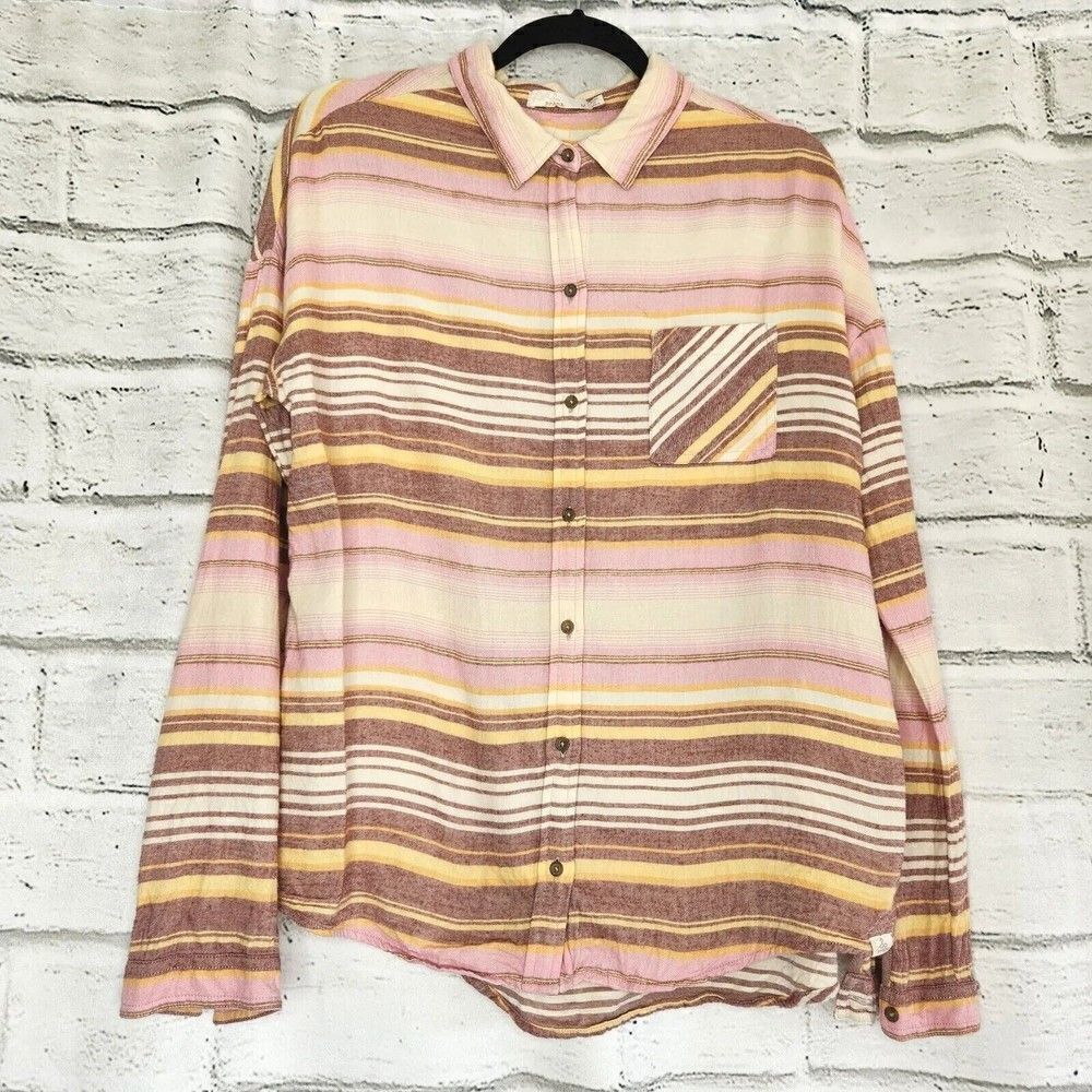 Prana Women's Medium Pink Brown Stripes Button Down Long Sleeve Shirt  M Cotton